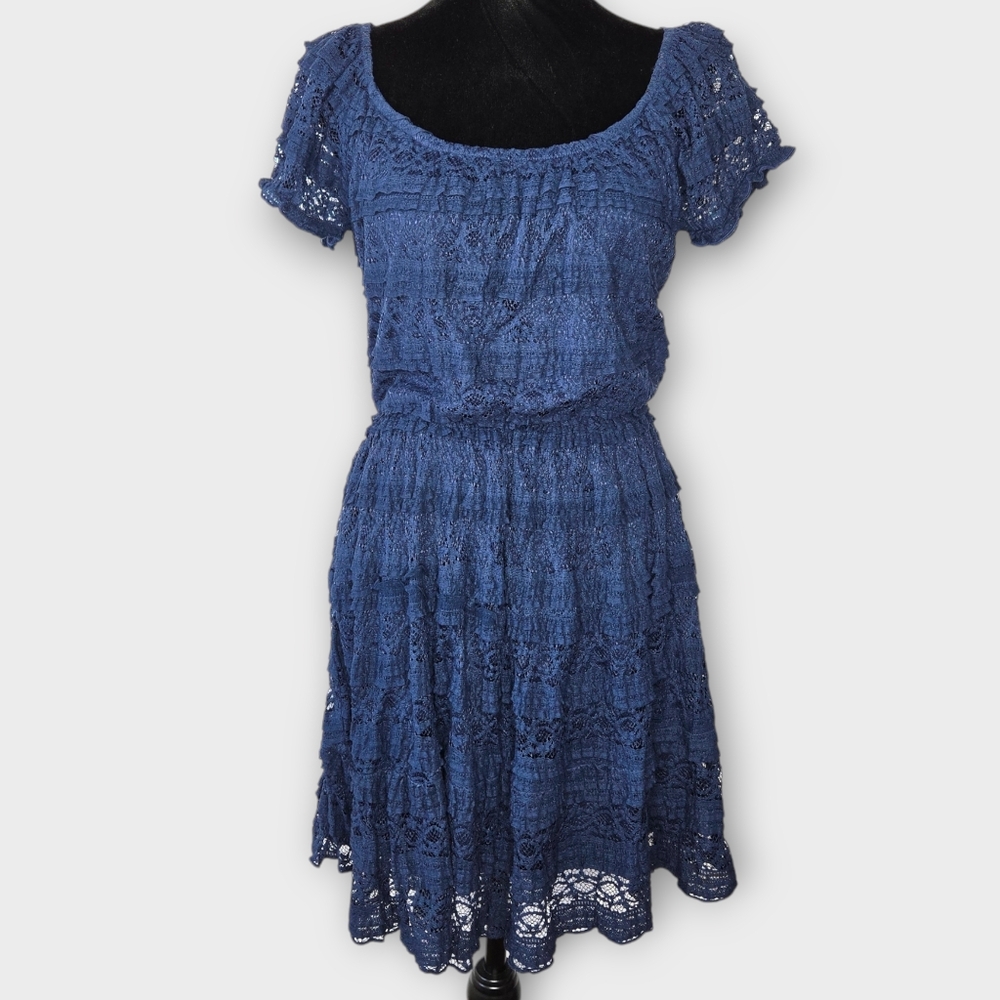 Trixxi Lace Dress Size M Blue Lined Elastic Waist Boho Party Coquette